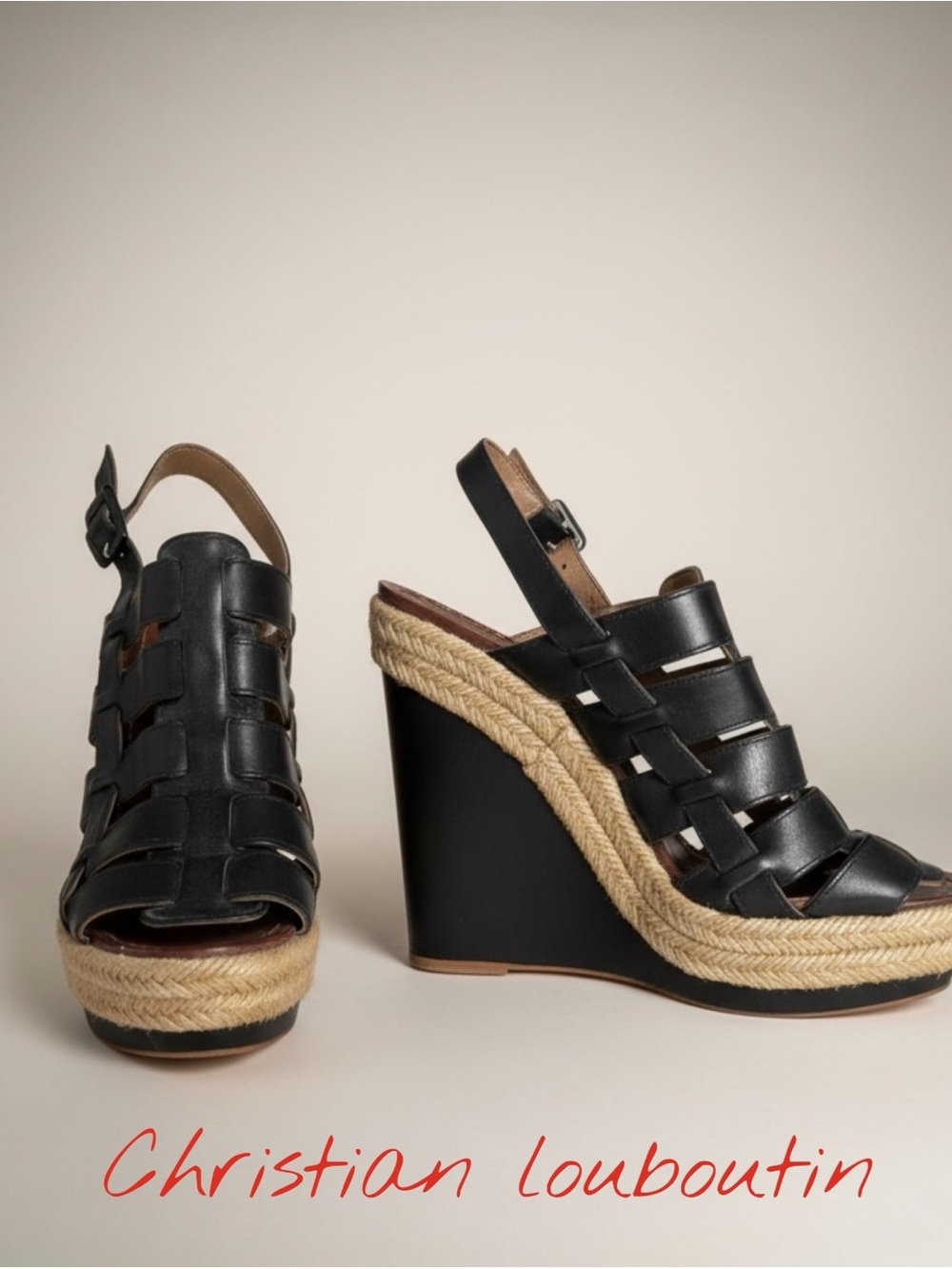 CHRISTIAN LOUBOUTIN black leather wedge shoes sandals 37-7